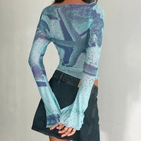 Starfish Mesh Graphic Print Flare Long Sleeve Shirt  - Thumbnail 4