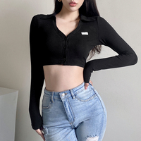Black Knit V Neck Long Sleeve Crop Top  - Thumbnail 1