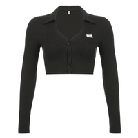 Black Knit V Neck Long Sleeve Crop Top  - Thumbnail 3