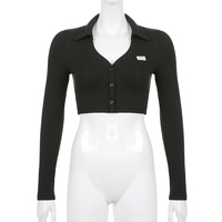 Black Knit V Neck Long Sleeve Crop Top  - Thumbnail 4