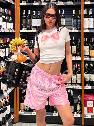 Pink Bow Print Short Sleeve T-shirt 
