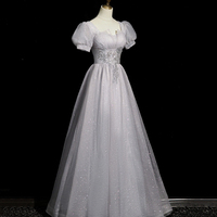 Gray Tulle Long Prom Dress, A-Line Beautiful Evening Party Dress - Thumbnail 1