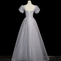 Gray Tulle Long Prom Dress, A-Line Beautiful Evening Party Dress - Thumbnail 2