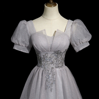 Gray Tulle Long Prom Dress, A-Line Beautiful Evening Party Dress - Thumbnail 3