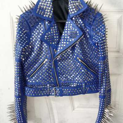 Handmade men's awesome blue punk silver spiked studded leather brando style jacket - Thumbnail 5