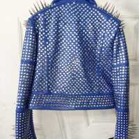 Handmade Men's Awesome Blue Punk Silver Spiked Studded Leather Brando Style Jacket - Thumbnail 1