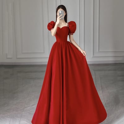 Red satin long prom dress, beautiful a-line formal dress - Thumbnail 1