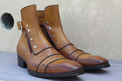 Handmade Italian Mens Brown Leather Buckle Strap Ankle High Jodhpur Boot With Side Zipper and Button