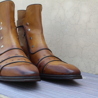 Handmade Italian Mens Brown Leather Buckle Strap Ankle High Jodhpur Boot With Side Zipper and Button - Thumbnail 1