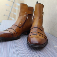 Handmade Italian Mens Brown Leather Buckle Strap Ankle High Jodhpur Boot With Side Zipper and Button - Thumbnail 3