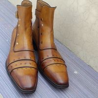 Handmade Italian Mens Brown Leather Buckle Strap Ankle High Jodhpur Boot With Side Zipper and Button - Thumbnail 4