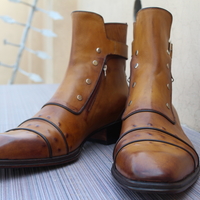 Handmade Italian Mens Brown Leather Buckle Strap Ankle High Jodhpur Boot With Side Zipper and Button - Thumbnail 7