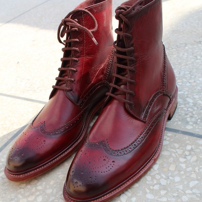Burgundy leather ankle high lace up wingtip dress handmade boot - Thumbnail 4