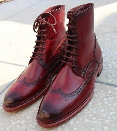 Burgundy Leather Ankle High Lace up Wingtip Dress Handmade Boot