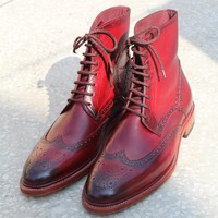 Burgundy Leather Ankle High Lace up Wingtip Dress Handmade Boot - Thumbnail 3