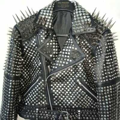 Handmade women black studded long spiked brando biker belted leather jacket  - Thumbnail 4