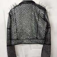 Handmade Women Black Studded Long Spiked Brando Biker Belted Leather Jacket  - Thumbnail 1
