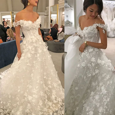 Wedding dresses bridal gown off shoulder with 3d flowers - Thumbnail 1