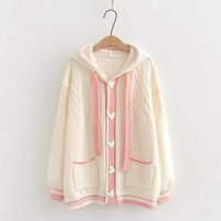 Pastel Pink Heart Hoodie Knitted Cardigan - Thumbnail 1