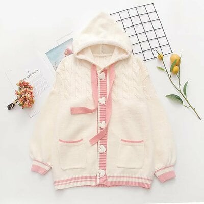 Pastel pink heart hoodie knitted cardigan
