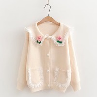 Chic Floral Lapel Knitted Sweater Cardigan - Thumbnail 3
