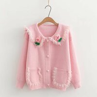 Chic Floral Lapel Knitted Sweater Cardigan - Thumbnail 1