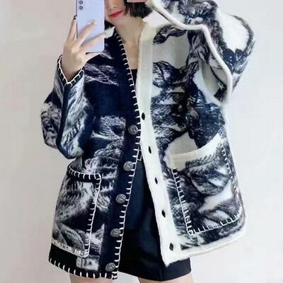 V-neck color block jacquard knitted cardigan - Thumbnail 1