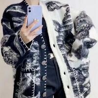 V-neck Color Block Jacquard Knitted Cardigan - Thumbnail 1