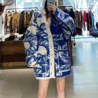 V-neck Color Block Jacquard Knitted Cardigan - Thumbnail 5