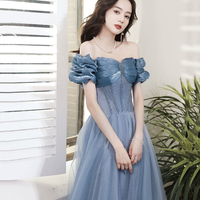 Blue Tulle Off the Shoulder Floor Length Prom Dress - Thumbnail 2