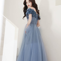 Blue Tulle Off the Shoulder Floor Length Prom Dress - Thumbnail 3