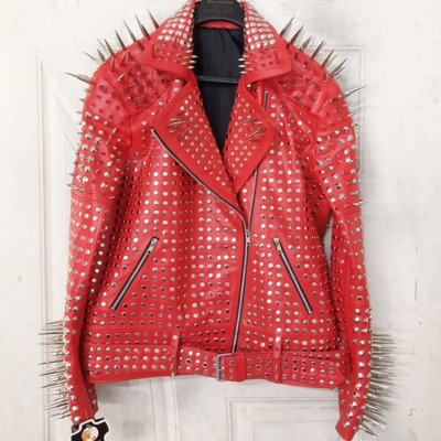  classy red emo style leather gothic studded jacket with silver studs and spikes - Thumbnail 4
