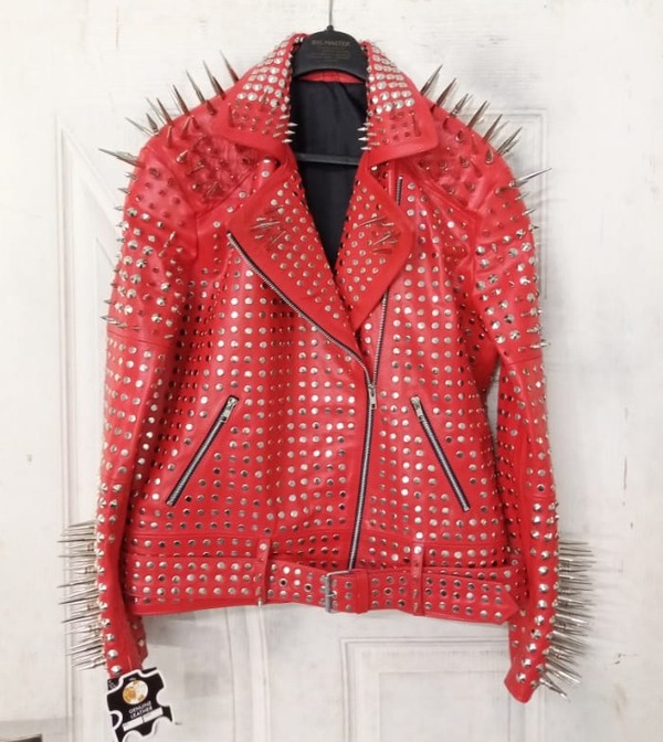  Classy Red Emo Style Leather Gothic Studded Jacket with Silver Studs and Spikes