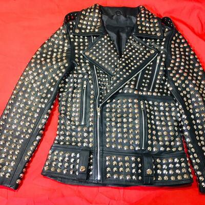 Handmade men's silver studded punk black cowhide leather jacket - Thumbnail 4