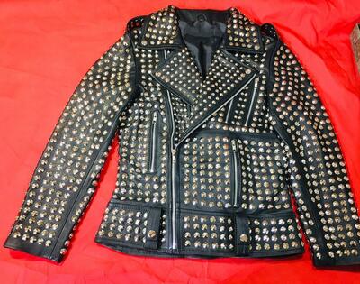 Handmade Men's Silver Studded Punk Black Cowhide Leather Jacket