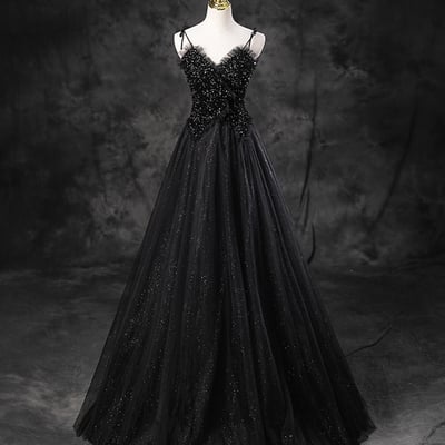 Black spaghetti strap tulle sequin long prom dress