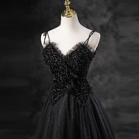 Black Spaghetti Strap Tulle Sequin Long Prom Dress - Thumbnail 1