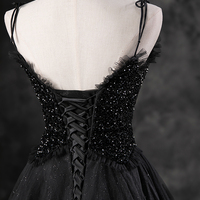 Black Spaghetti Strap Tulle Sequin Long Prom Dress - Thumbnail 4
