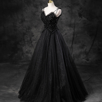 Black Spaghetti Strap Tulle Sequin Long Prom Dress - Thumbnail 6