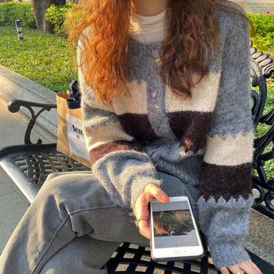 Color block stripe knitted cardigan - Thumbnail 3