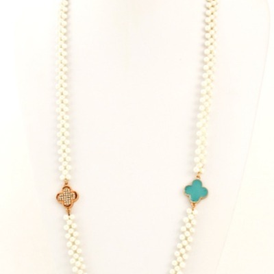 Pearl and crystal clover necklace