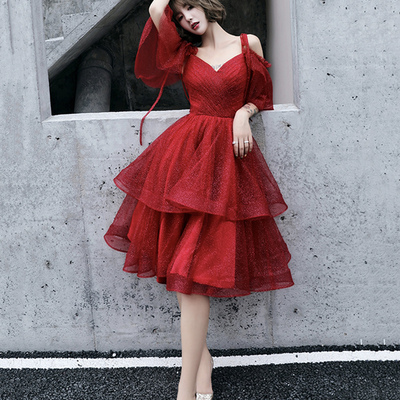 Burgundy tulle long prom dress a line evening dress,1618 - Thumbnail 1