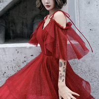 Burgundy tulle long prom dress A line evening dress,1618 - Thumbnail 1