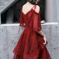 Burgundy tulle long prom dress A line evening dress,1618 - Thumbnail 2