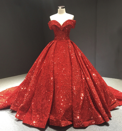 Red sequins long ball gown dress formal dress,1625