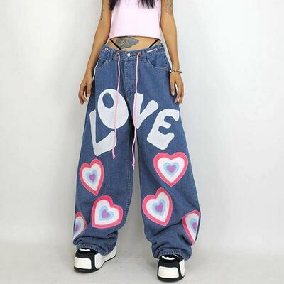 Love heart drawstring jeans denim pants