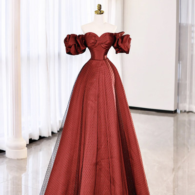 Burgundy satin tulle long prom dress - Thumbnail 3