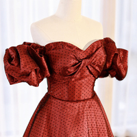 Burgundy Satin Tulle Long Prom Dress - Thumbnail 1