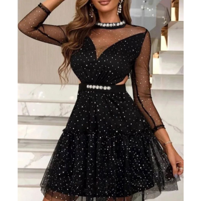 Black sexy mesh long sleeve dress