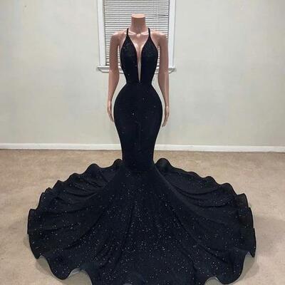 Black spaghetti strap v neck mermaid prom dresses，1630